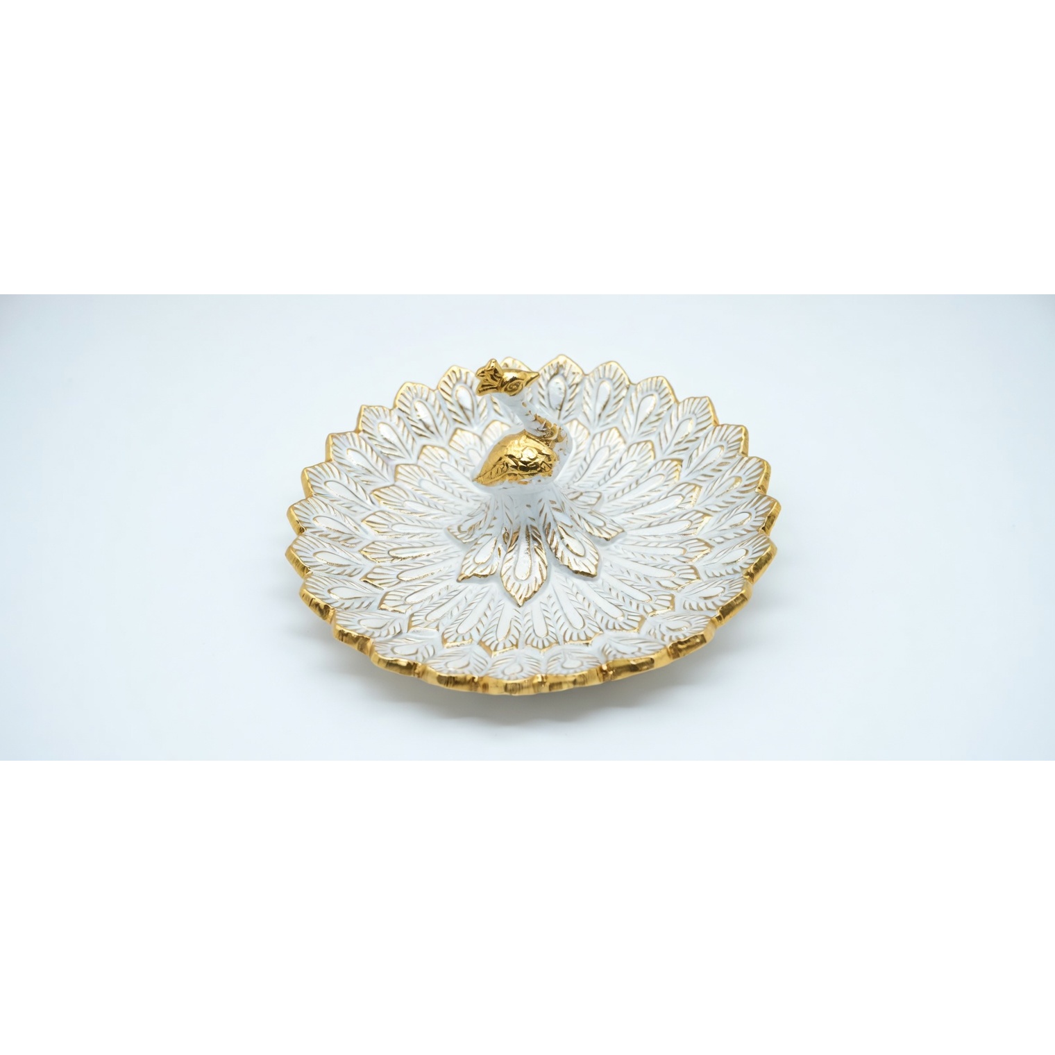 Peacock Feather Serving Dish — Cast Metal · White Enamel · Gold, XANVOR, Moradabad