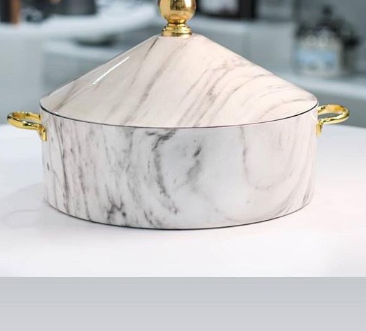 Carrara Marble-Finish Hot-Pot — Marble heat-transfer · Gold lid, XANVOR, Moradabad