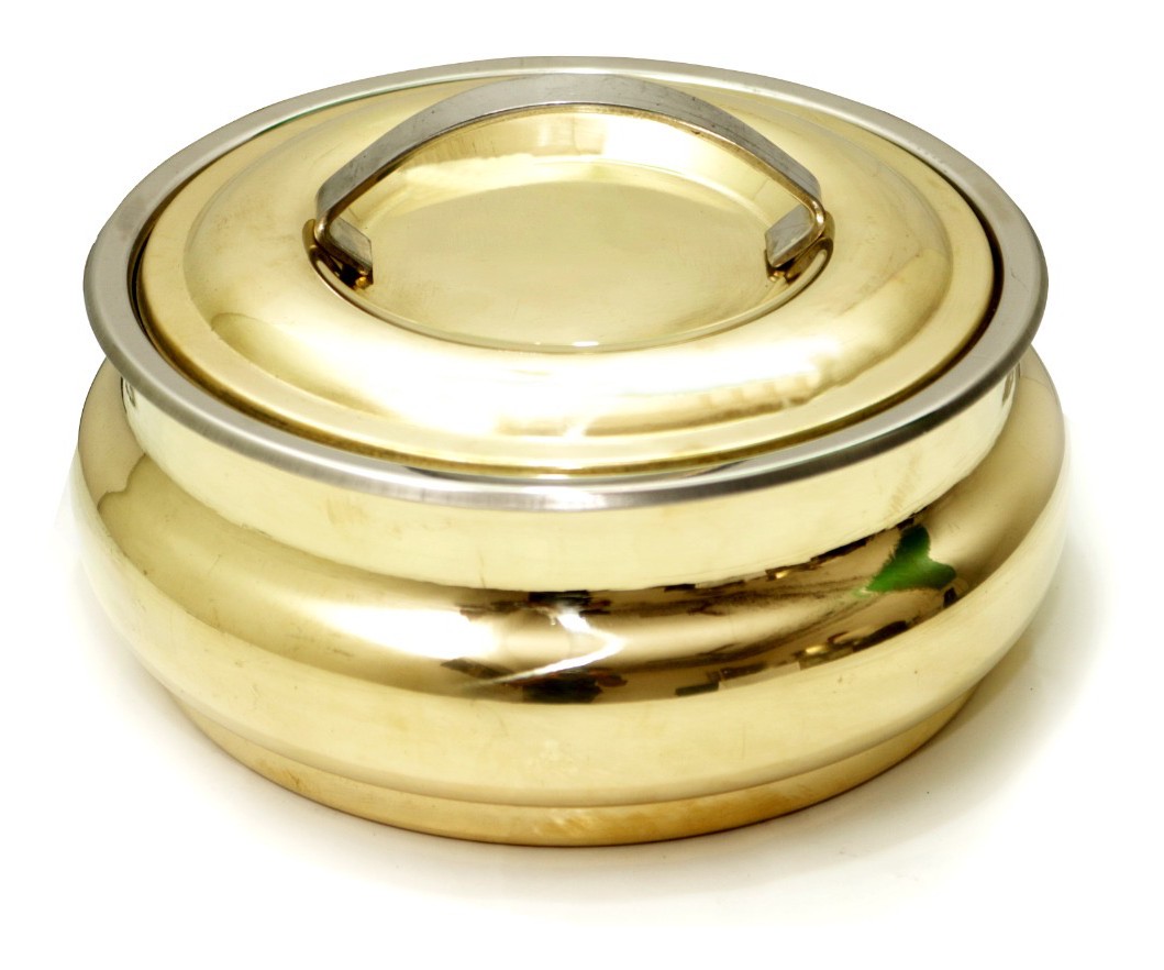 Darbar Low-Profile Serving Dish — Mirror Gold PVD · Bar-handle lid, XANVOR, Moradabad