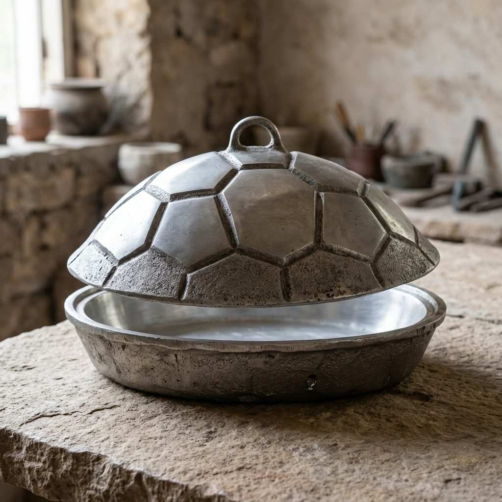 Turtle Shell Lidded Server — Cast Aluminium · Aged Pewter · Polished, XANVOR, Moradabad