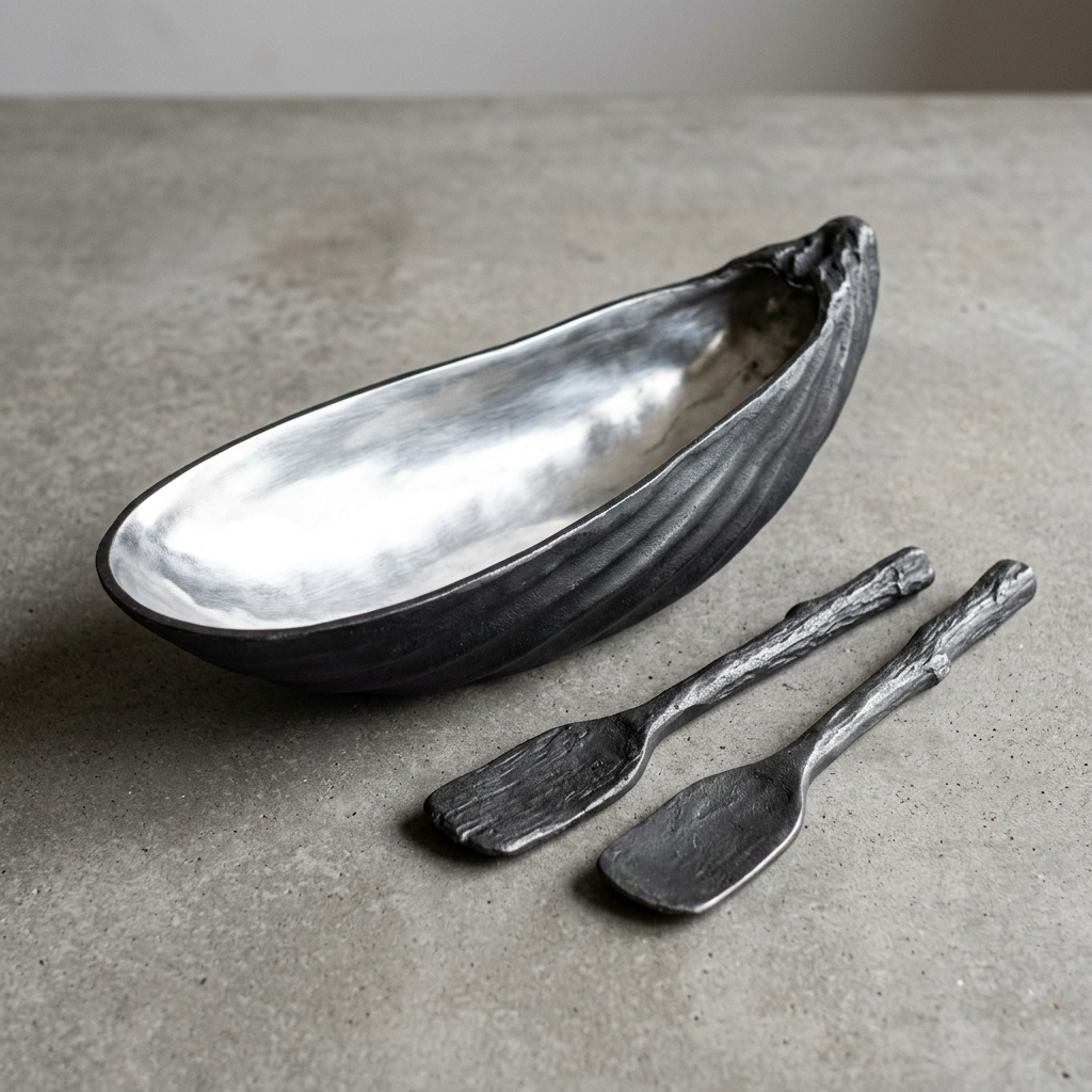 Mussel Salad Bowl with Servers — Cast Aluminium · Oxidised Black · Polished, XANVOR, Moradabad