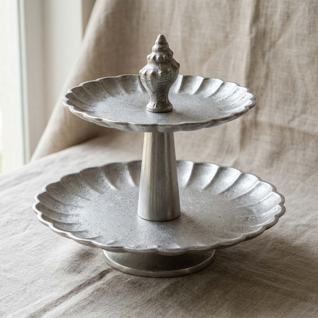 Scallop Two-Tier Cake Stand — Cast Aluminium · Polished, XANVOR, Moradabad
