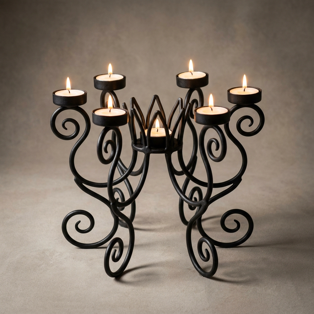 Octopus Candelabra, 5 light — Iron · Oxidised Black · Lacquered, XANVOR, Moradabad