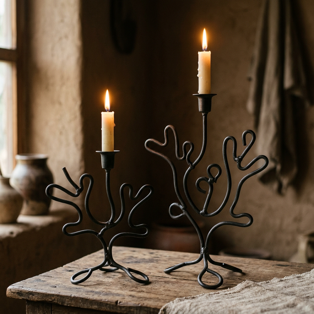 Coral Candlestick Pair — Iron · Oxidised Black · Lacquered, XANVOR, Moradabad