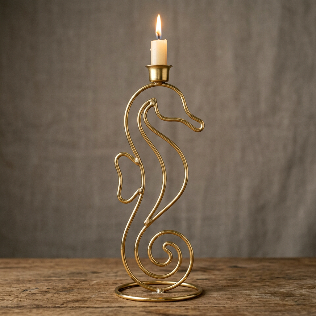 Seahorse Taper Holder — Iron · Gold Plated · Lacquered, XANVOR, Moradabad