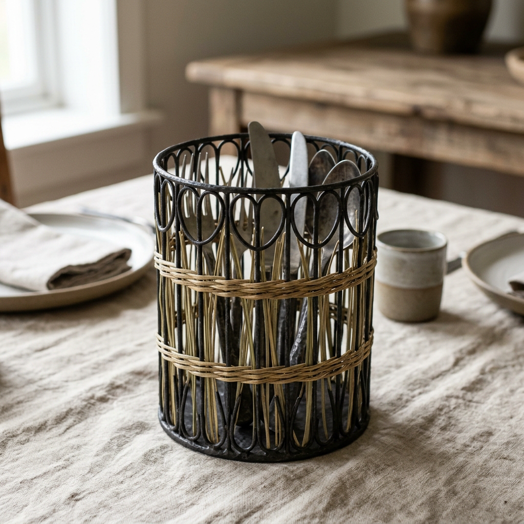 Seagrass Cutlery Caddy — Iron · Oxidised Black · Lacquered, XANVOR, Moradabad