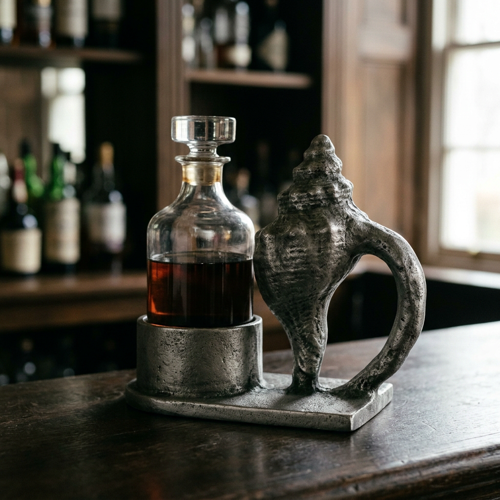 Conch Decanter Stand — Cast Aluminium · Aged Pewter, XANVOR, Moradabad