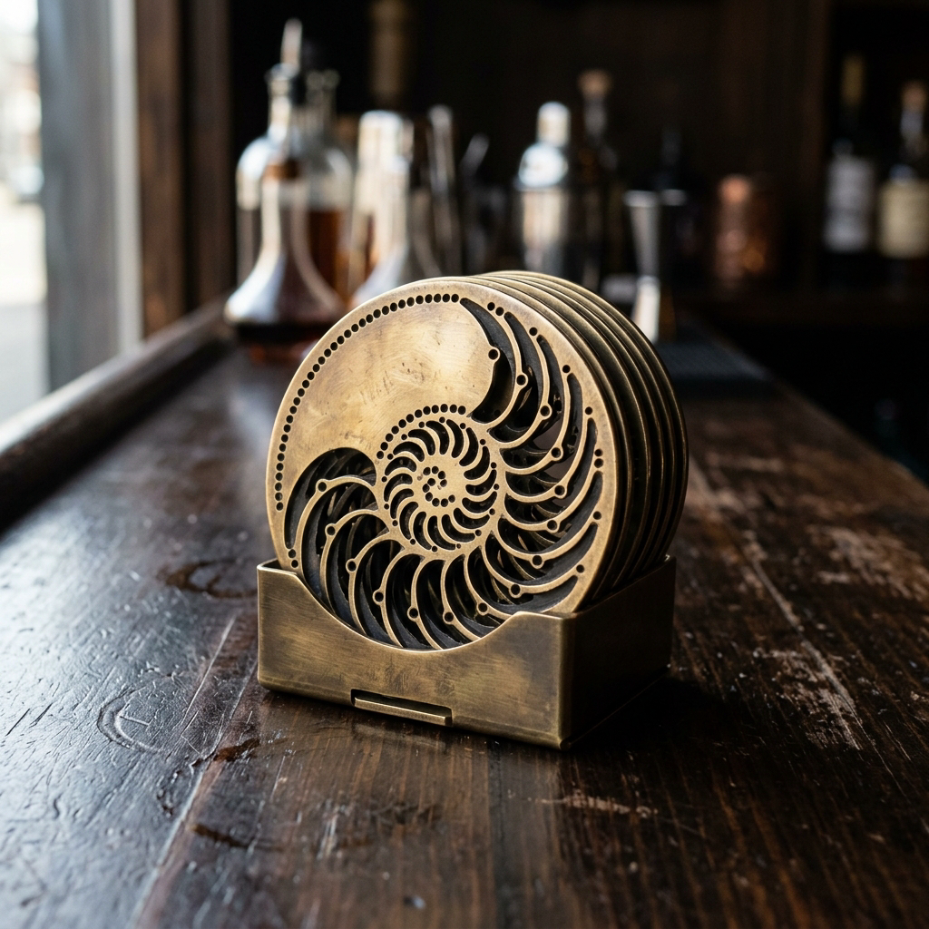 Nautilus Coasters with Stand, 6 — Sheet Brass · Antique Brass, XANVOR, Moradabad