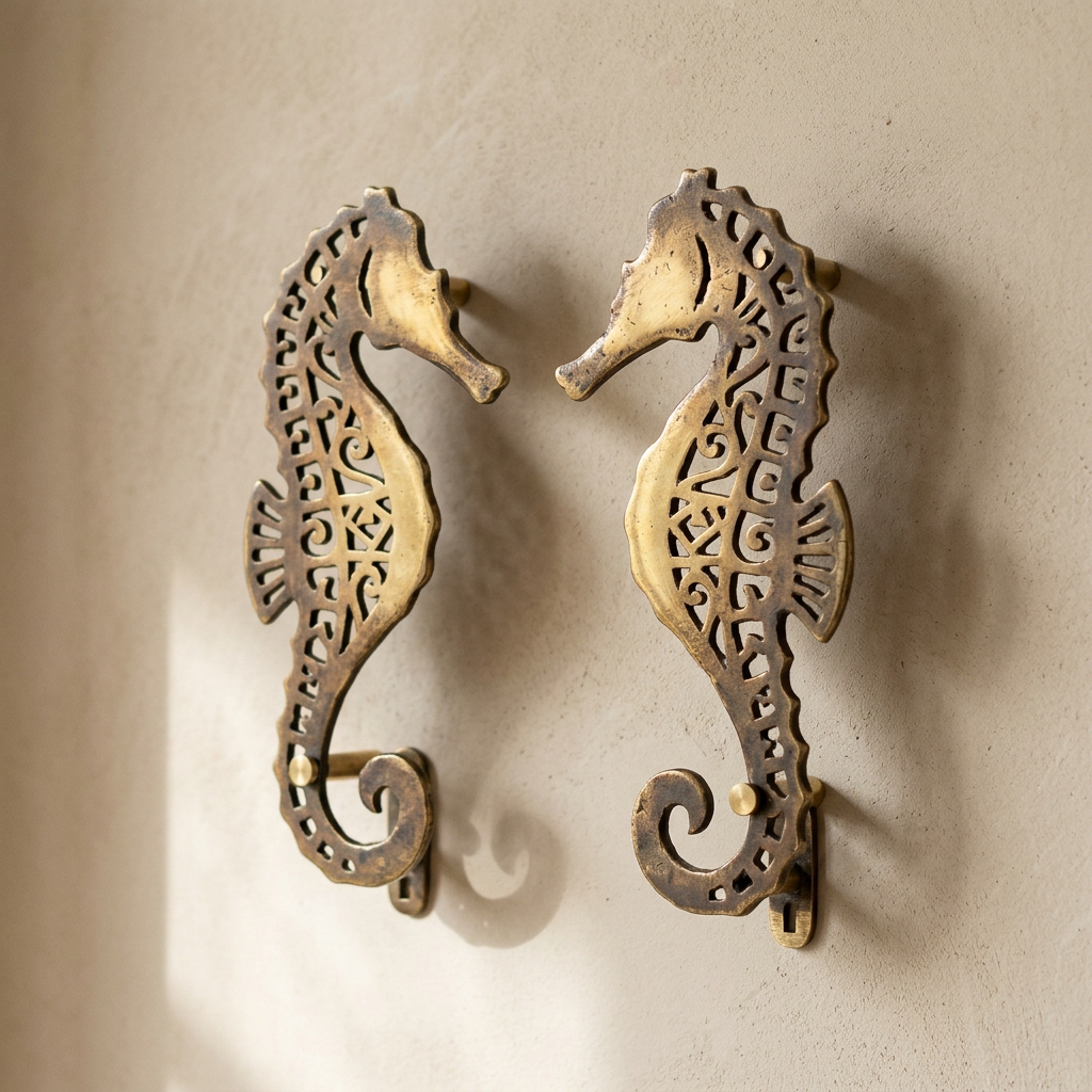 Seahorse Wall Pair — Sheet Brass · Antique Brass, XANVOR, Moradabad