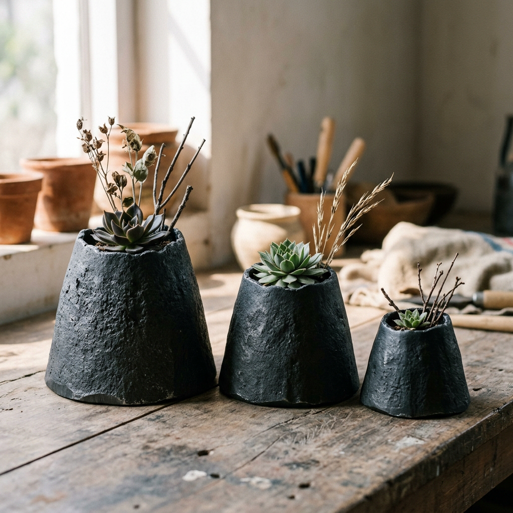 Barnacle Planters, set of 3 — Cast Aluminium · Oxidised Black, XANVOR, Moradabad