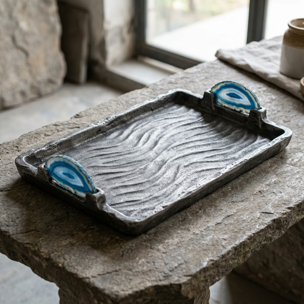 Tide Ripple Tray — Agate Handles — Cast Aluminium · Natural Agate · Aged Pewter, XANVOR, Moradabad
