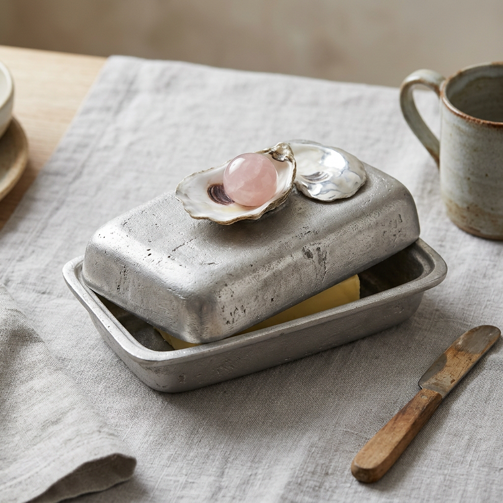 Oyster Butter Dish — Rose Quartz Pearl — Cast Aluminium · Rose Quartz · Polished, XANVOR, Moradabad