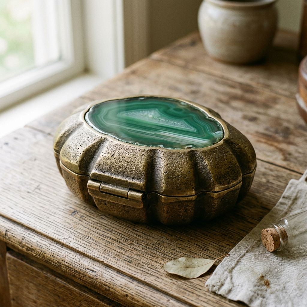 Clam Keepsake Box — Agate Lid — Cast Brass · Natural Agate · Antique Brass, XANVOR, Moradabad