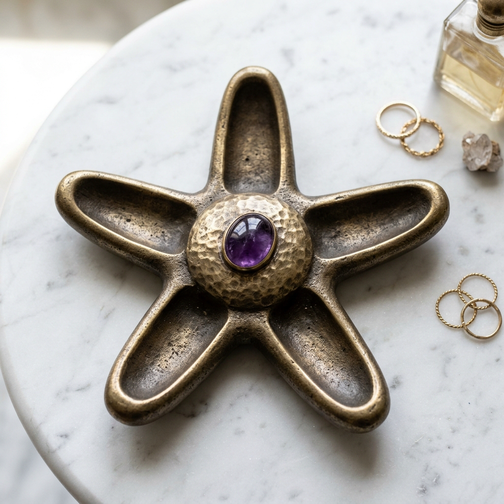 Starfish Trinket Dish — Amethyst Centre — Cast Brass · Amethyst · Antique Brass, XANVOR, Moradabad