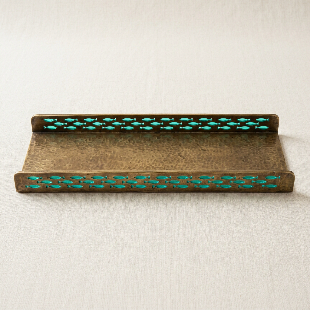 Shoal Rail Tray — Turquoise Inlay — Sheet Brass · Ocean Resin · Antique Brass, XANVOR, Moradabad
