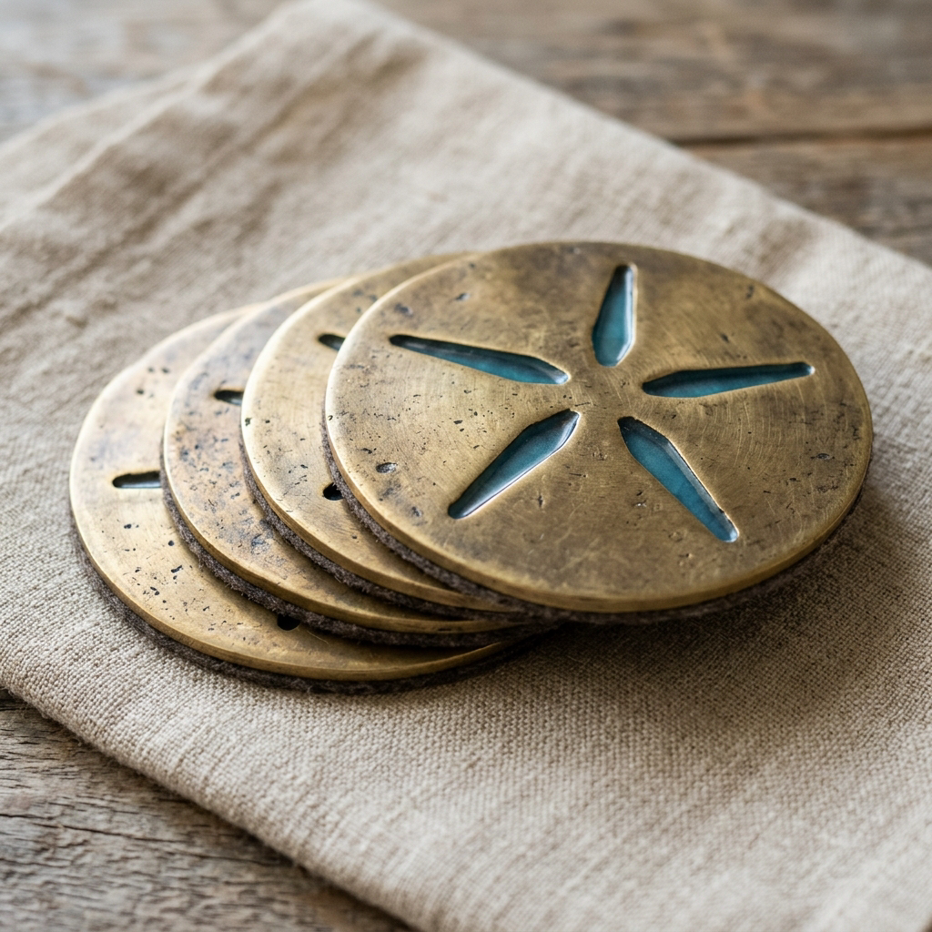 Sand Dollar Coasters — Resin Slots, set of 4 — Sheet Brass · Ocean Resin · Antique Brass, XANVOR, Moradabad