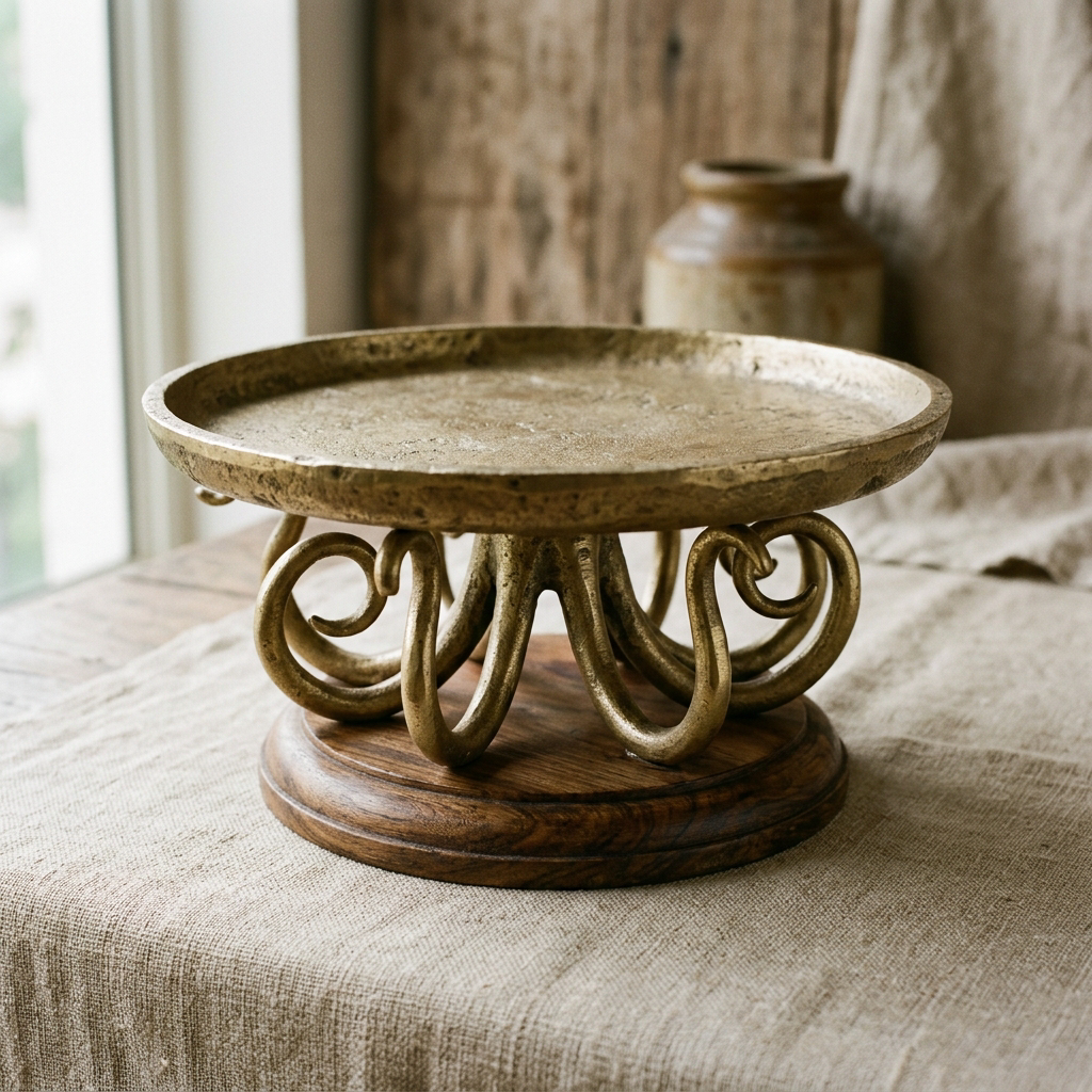 Octopus Crown Platter — Sheesham Base — Cast Brass · Sheesham Rosewood · Antique Brass, XANVOR, Moradabad