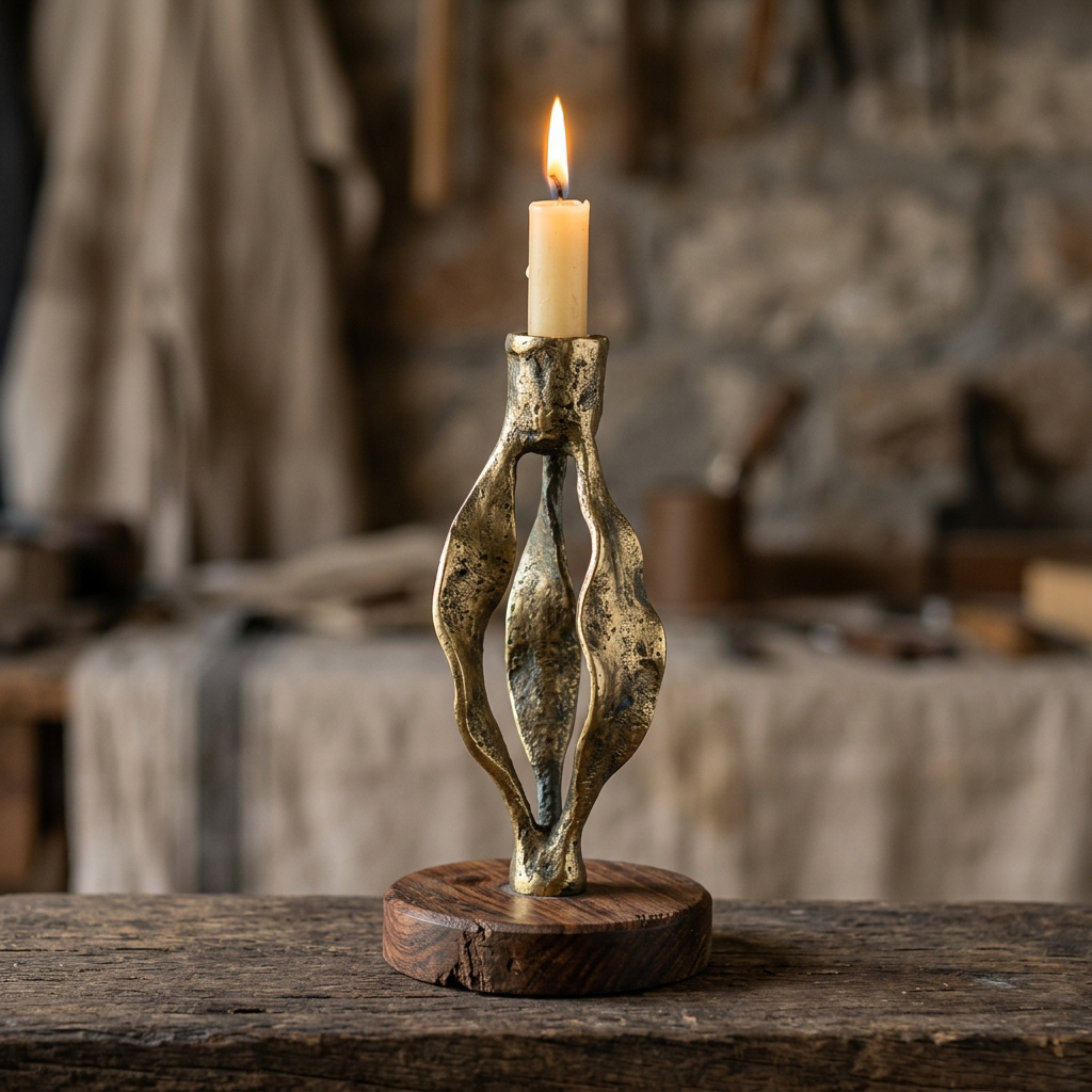 Kelp Candlestick — Sheesham Disc — Cast Brass · Sheesham Rosewood · Antique Brass, XANVOR, Moradabad