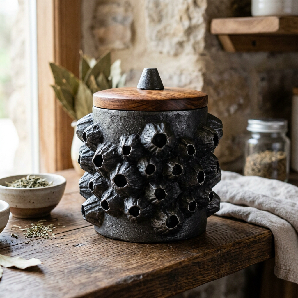 Barnacle Canister — Sheesham Lid — Cast Aluminium · Sheesham Rosewood · Oxidised Black, XANVOR, Moradabad