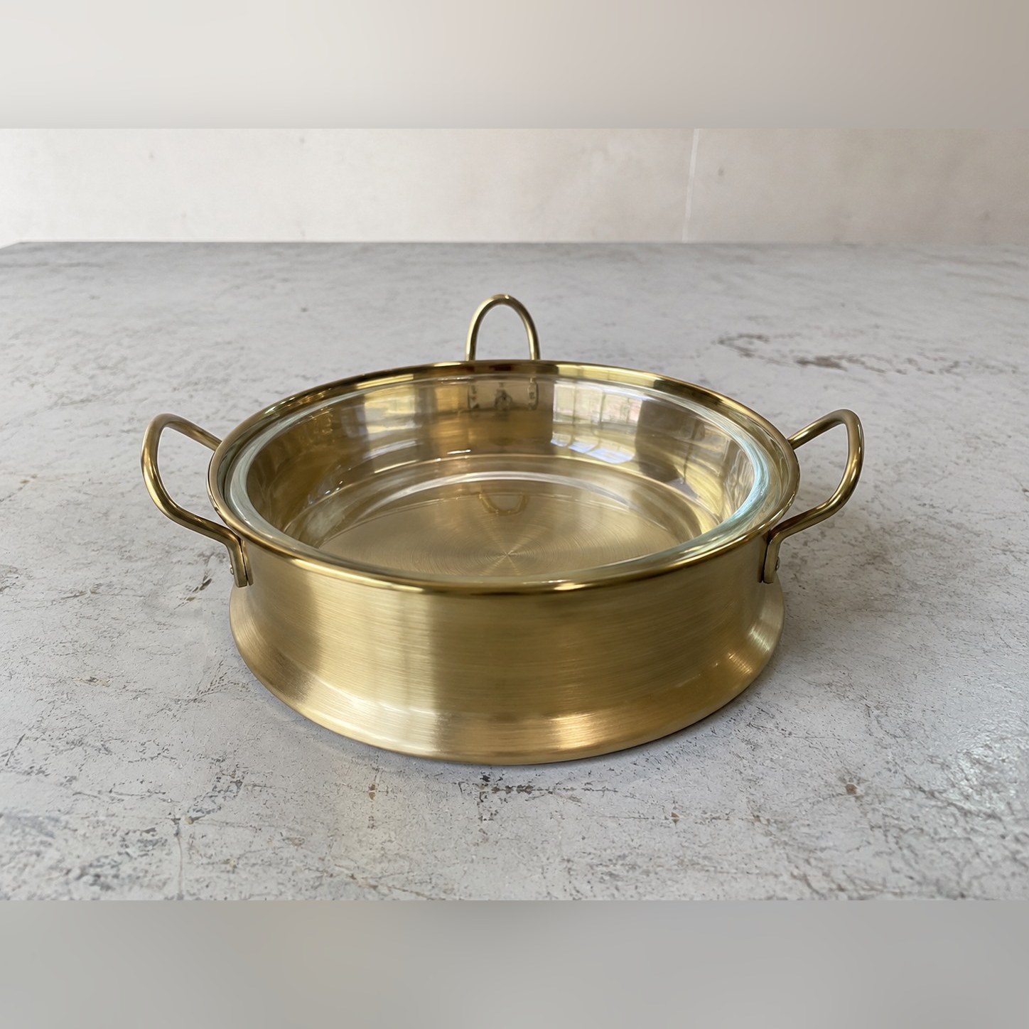 Phera Bottle Coaster — Brass · Glass inner dish · Matt · polished rim, XANVOR, Moradabad