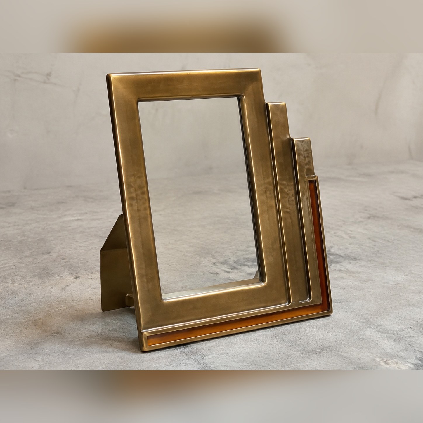 Rang Stepped Photo Frame — Brass · Clear acrylic glazing and narrow amber acrylic accent · Antique · polished step crowns, XANVOR, Moradabad