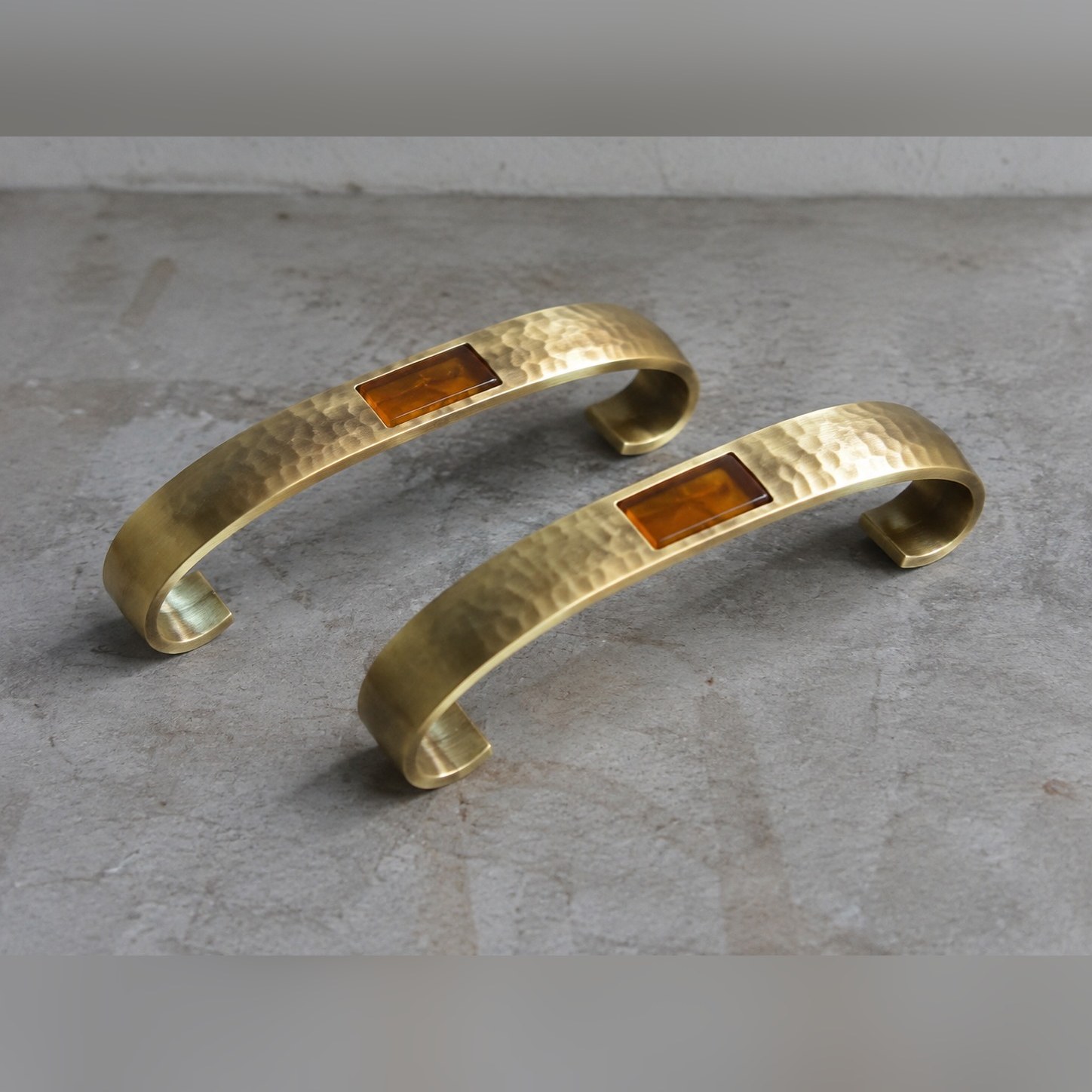 Patta Cabinet Pull Pair — Brass · Small amber resin inset · Matt brushed, XANVOR, Moradabad