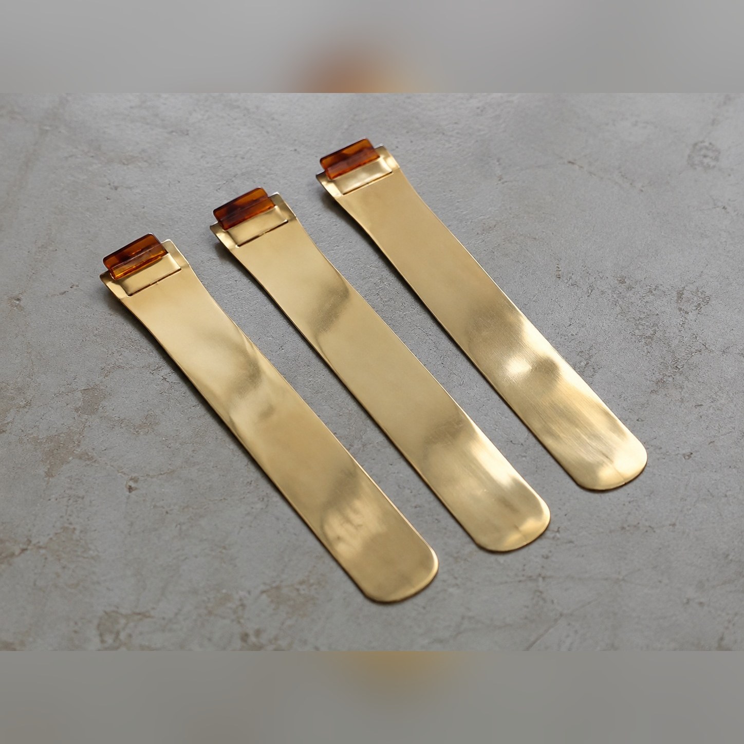 Parchi Bookmark Set — Brass · Small amber acrylic tabs · Polished, XANVOR, Moradabad
