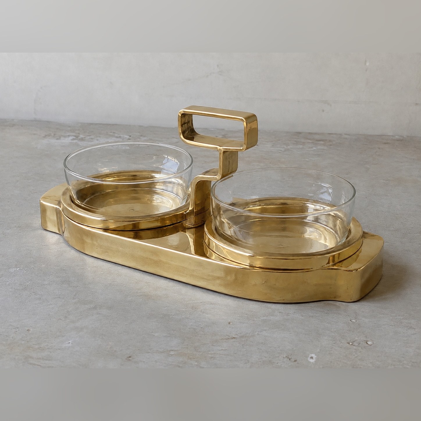 Do-Katori Stepped Glass Server — Brass · Two matching clear glass bowls · Polished, XANVOR, Moradabad
