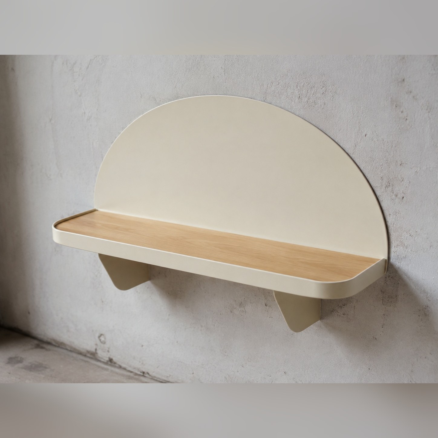 Arch-Back Wall Ledge — Stainless steel 304 · Pale clear-finished wood insert · Opaque warm cream powder coat, XANVOR, Moradabad