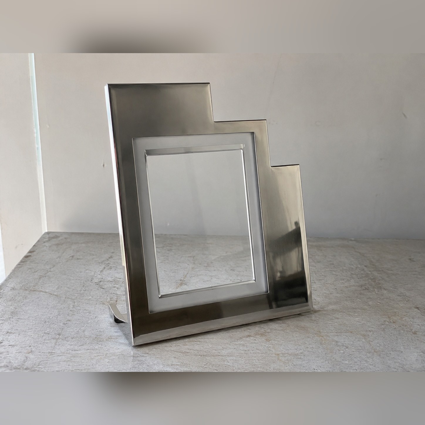 Stepped Surround Photo Frame — Stainless steel 304 · Clear acrylic photo cover and frosted acrylic border insert · Mechanically polished, XANVOR, Moradabad