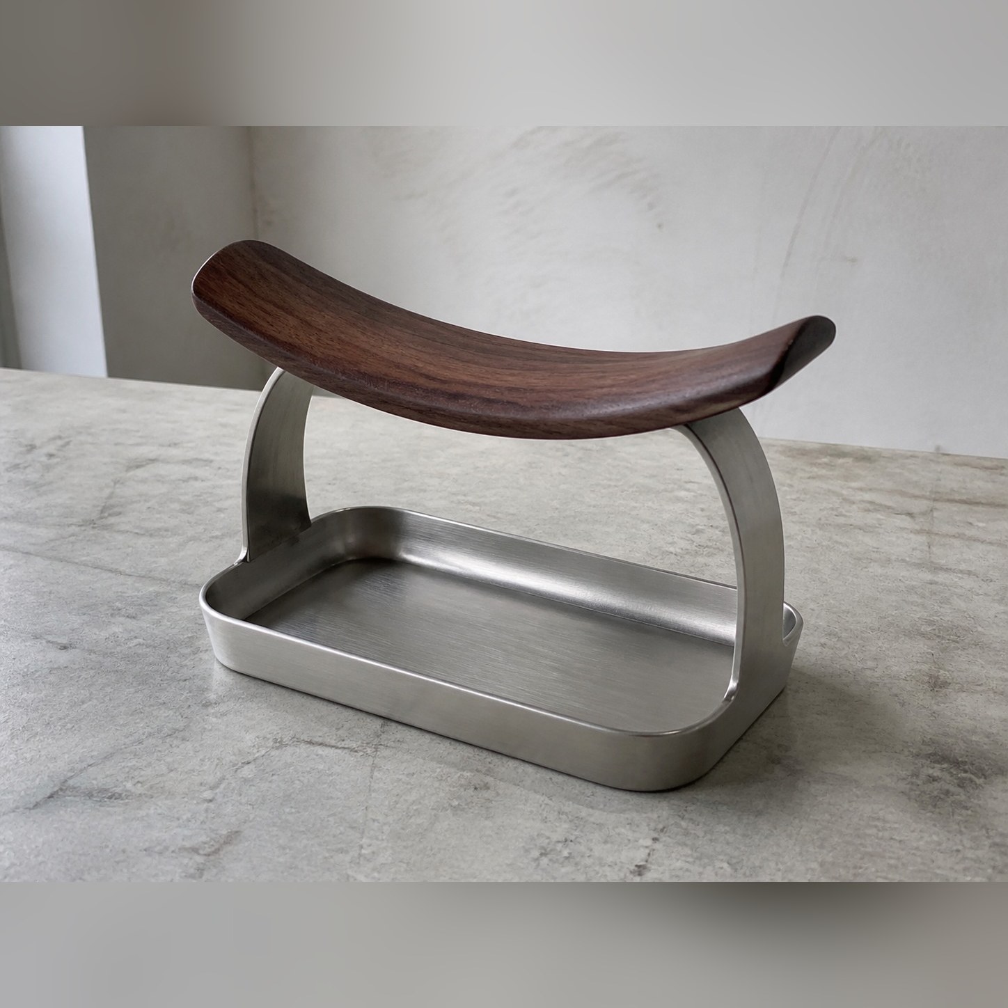 Wood Saddle Watch Rest — Stainless steel 304 · Dark-stained wood saddle · Mechanically matt, XANVOR, Moradabad