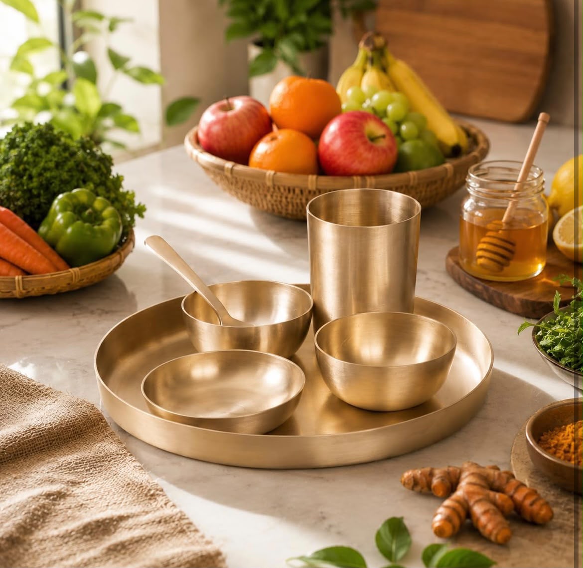 Kansa Thali Dinner Set — 6 Pieces — hand-finished metal, XANVOR, Moradabad
