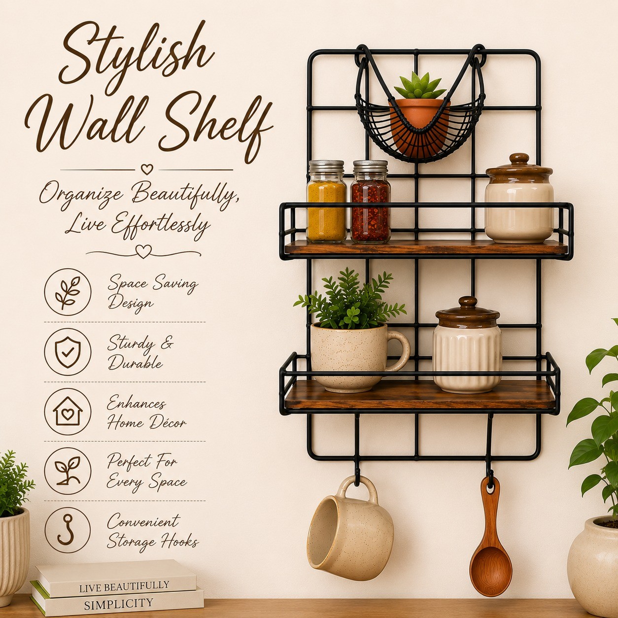 Multi-Utility Wire Wall Storage Rack — Powder-Coat Steel · Mango Wood, XANVOR, Moradabad