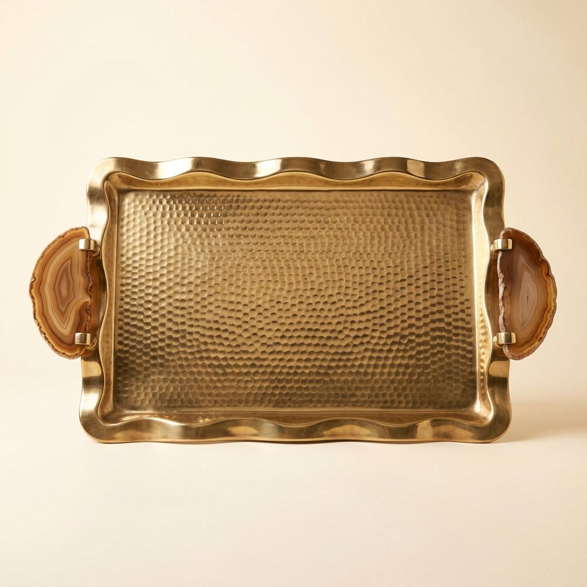 Agate Handle Wave Tray — Solid Brass · Hand-Hammered · Natural Agate, XANVOR, Moradabad