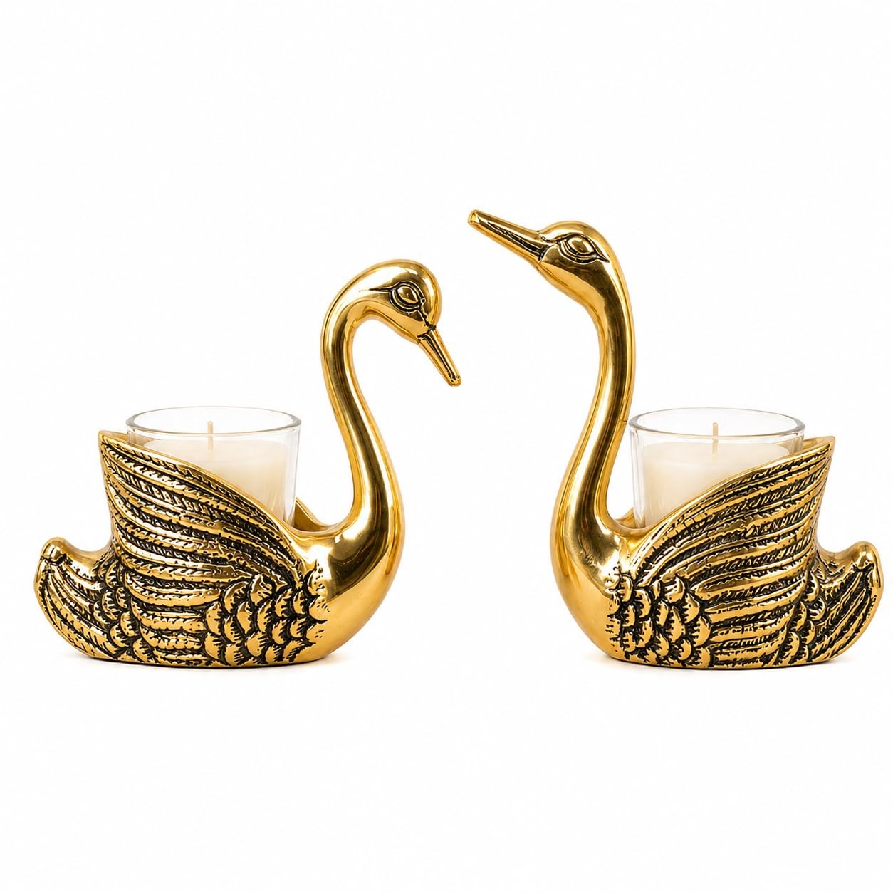Golden Swan Candle Holder Set of 2 with Glass Tealight Cups — Solid Aluminium · Glass Tealight Cups · Hand-Made, XANVOR, Moradabad