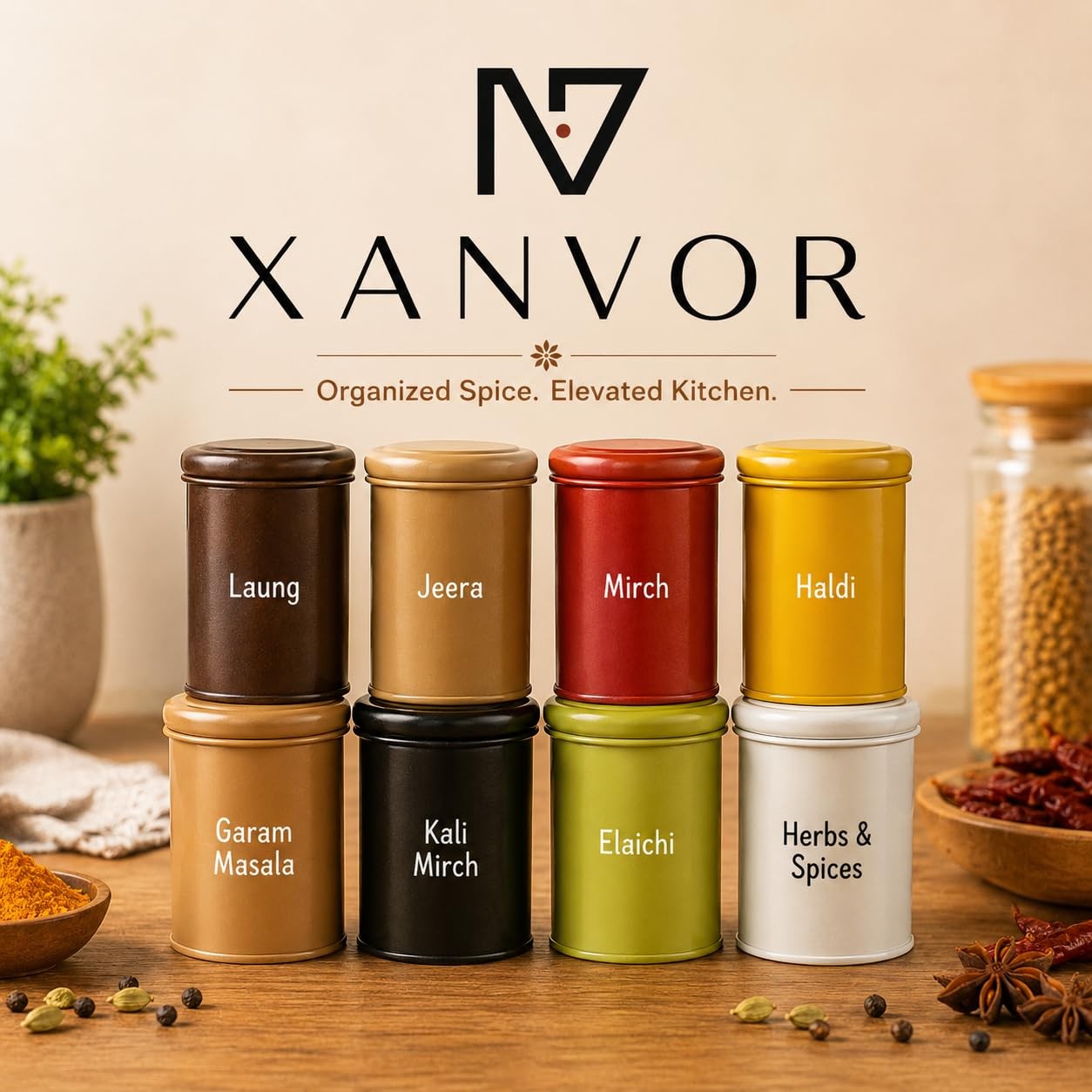 8-Piece Spice Jar Set — Mild Steel, XANVOR, Moradabad