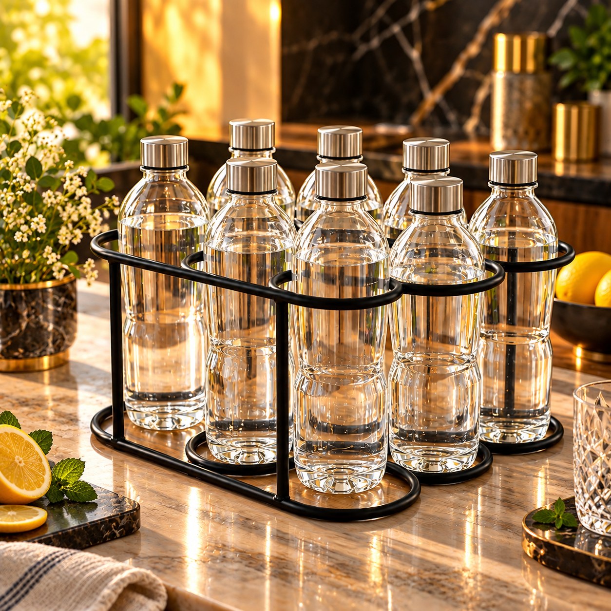 9 Bottle Water Bottle Rack for Kitchen | Metal Organizer Stand | Space Saving Holder | Wine Rack | Water Bottle Storage Organizer | Black — Metal, Powder-coated Steel, XANVOR, Moradabad