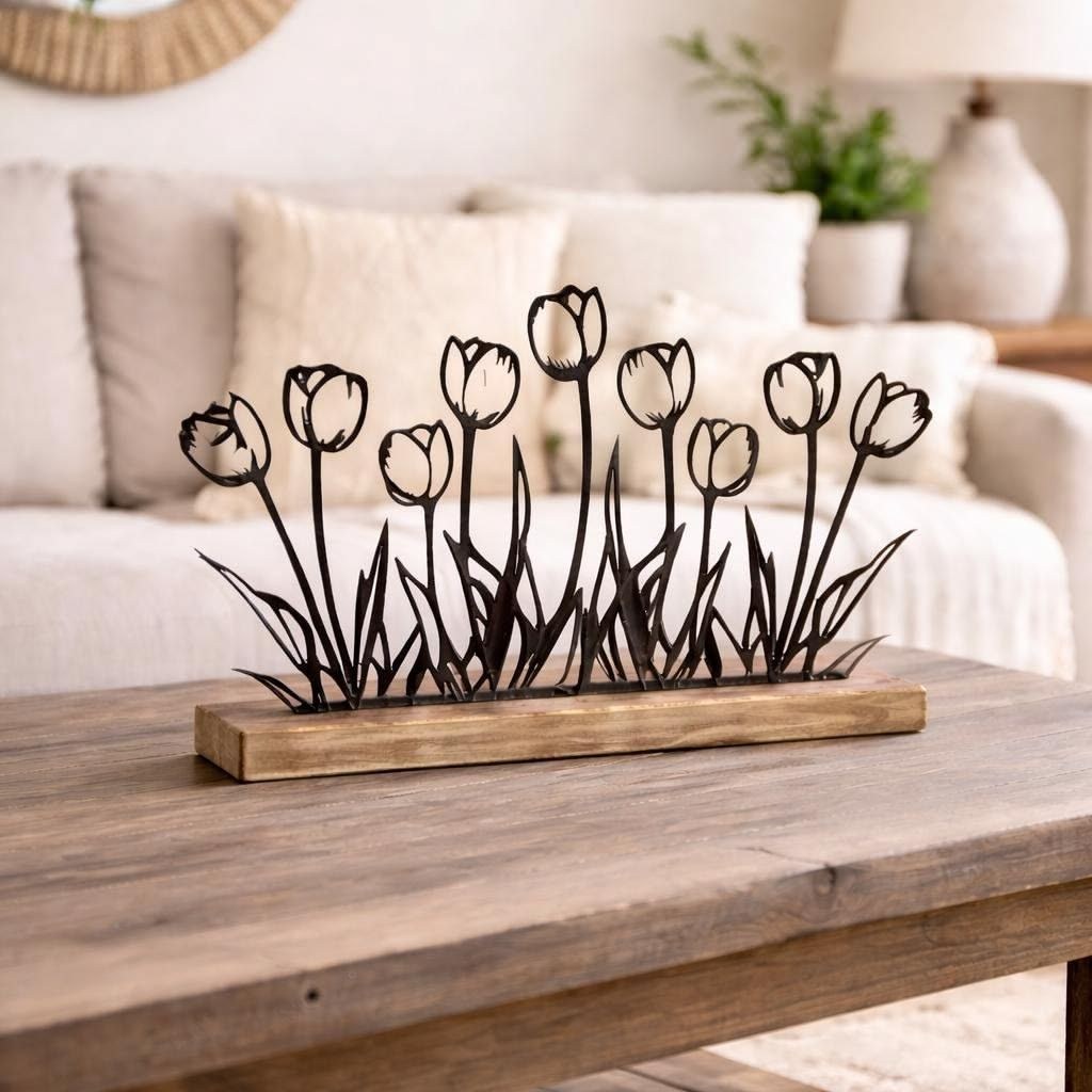 Tulip Meadow on Wood Base — Laser-cut Iron · Sheesham Wood Base · Powder-Coat Black, XANVOR, Moradabad