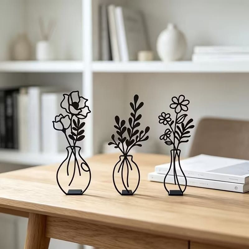 Minimal Bloom Vase Trio — Set of 3 — Laser-cut Iron · Powder-Coat Black, XANVOR, Moradabad