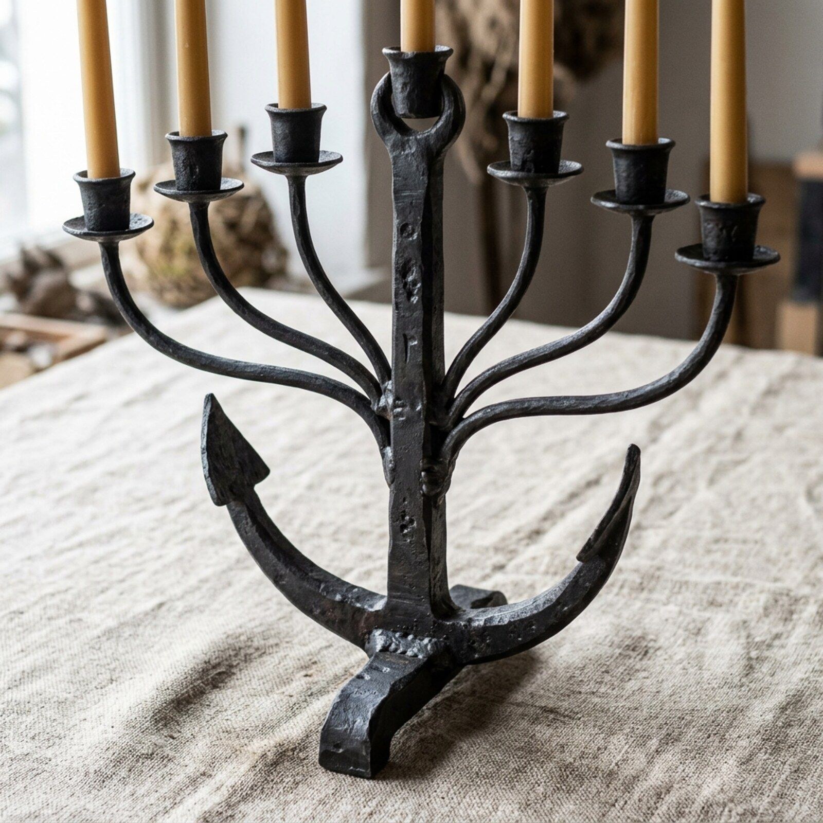 Anchor Seven-Light Forged Candelabra — Iron · Oxidised Black · Waxed, XANVOR, Moradabad
