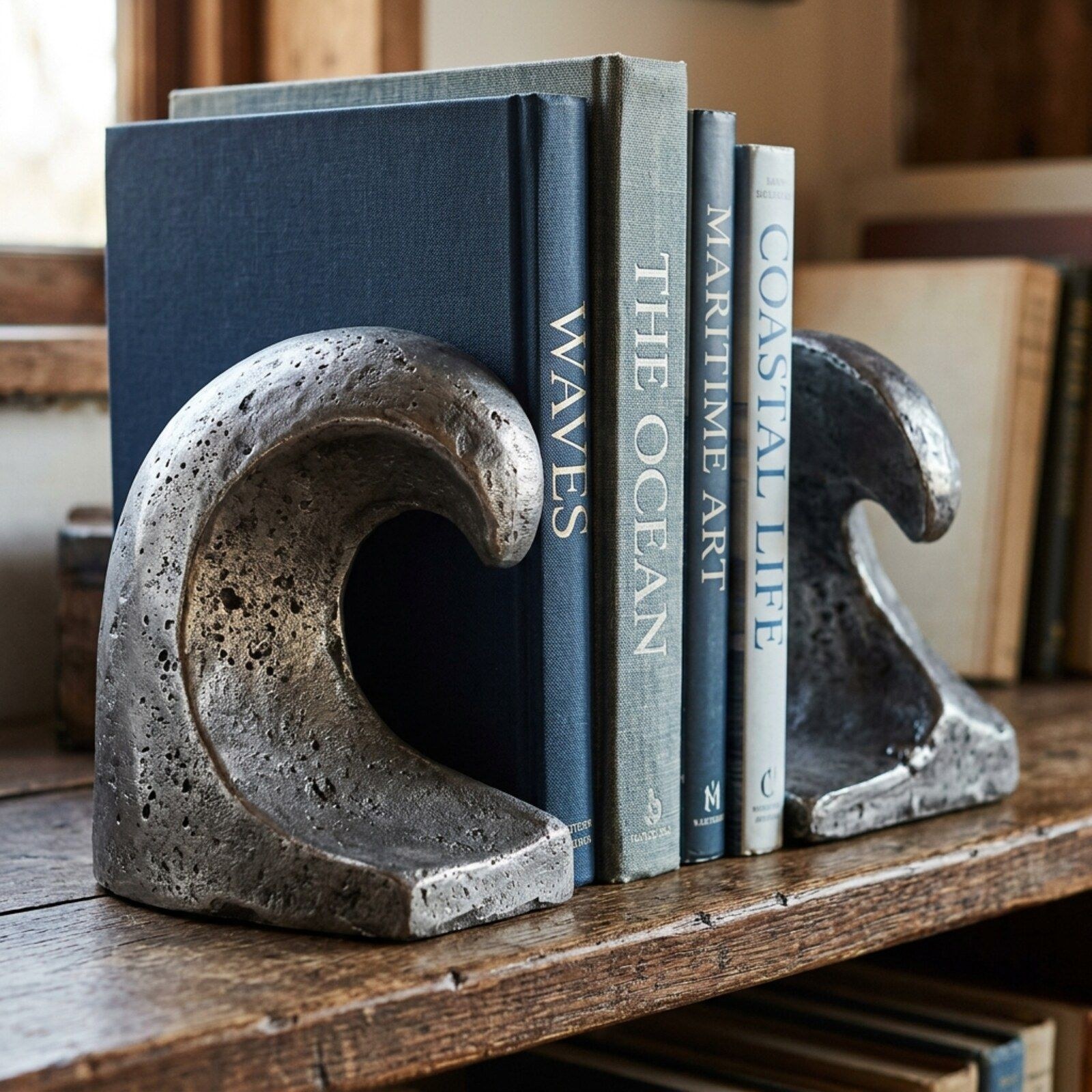 Wave Cast Bookend Pair — Cast Aluminium · Aged Pewter · Matte, XANVOR, Moradabad