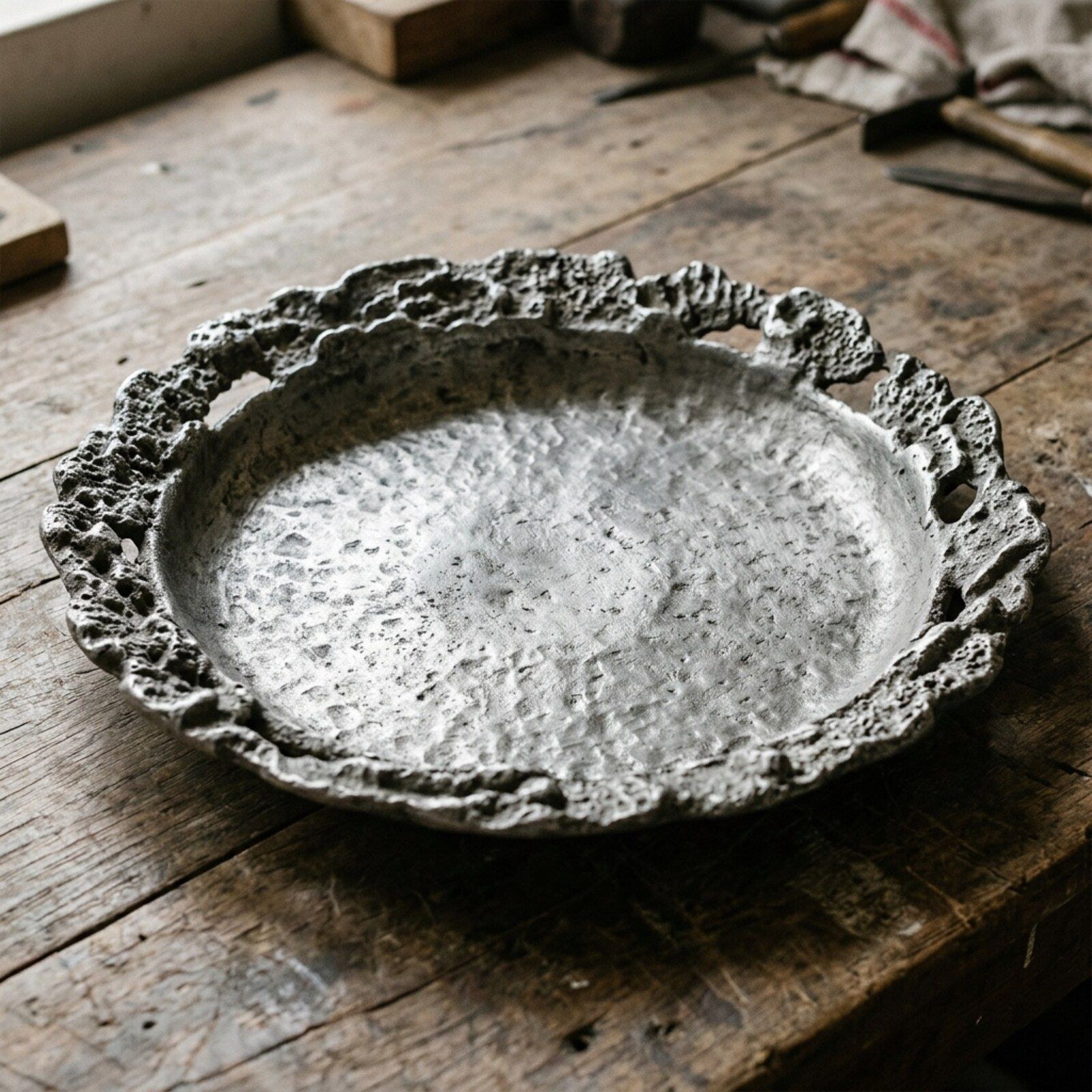 Coral Rim Cast Platter — Cast Aluminium · Aged Pewter · Matte, XANVOR, Moradabad