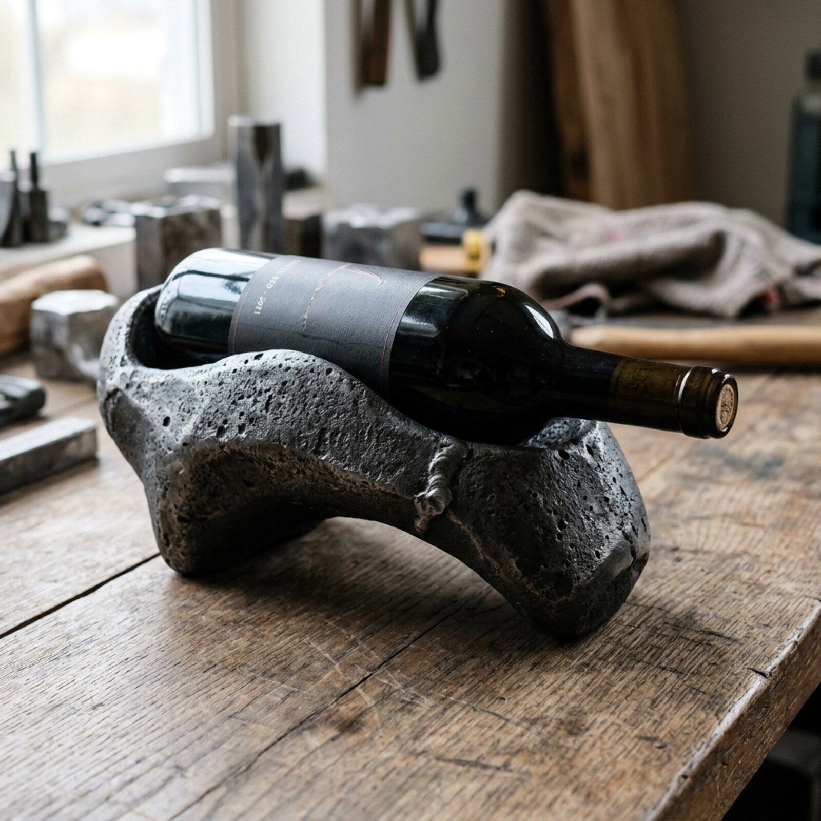 Wave Cast Bottle Cradle — Cast Aluminium · Aged Pewter, XANVOR, Moradabad