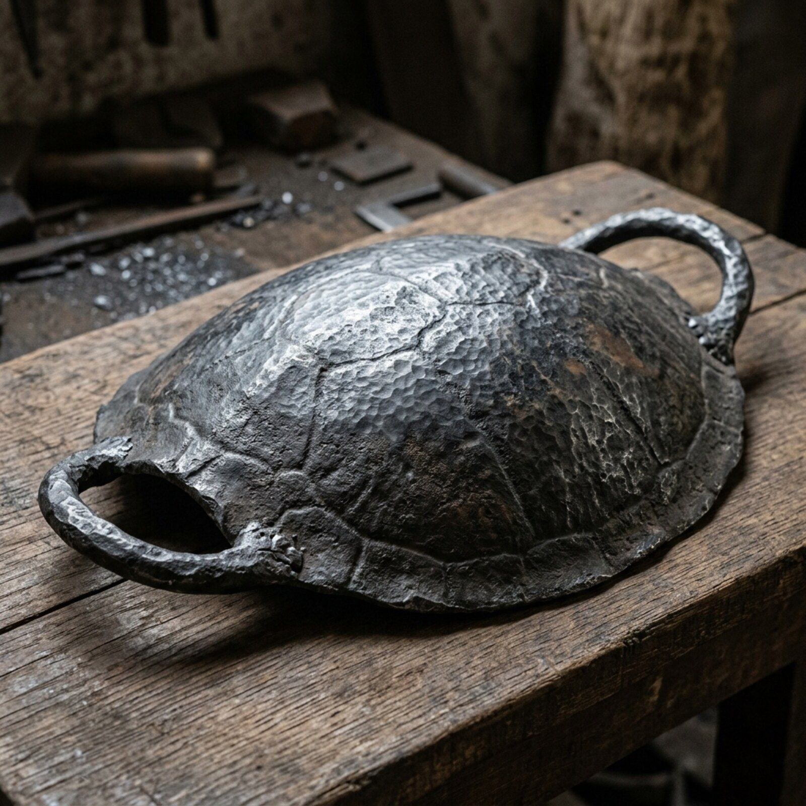 Turtle Shell Handled Tray — Sheet Iron · Oxidised Black · Waxed, XANVOR, Moradabad