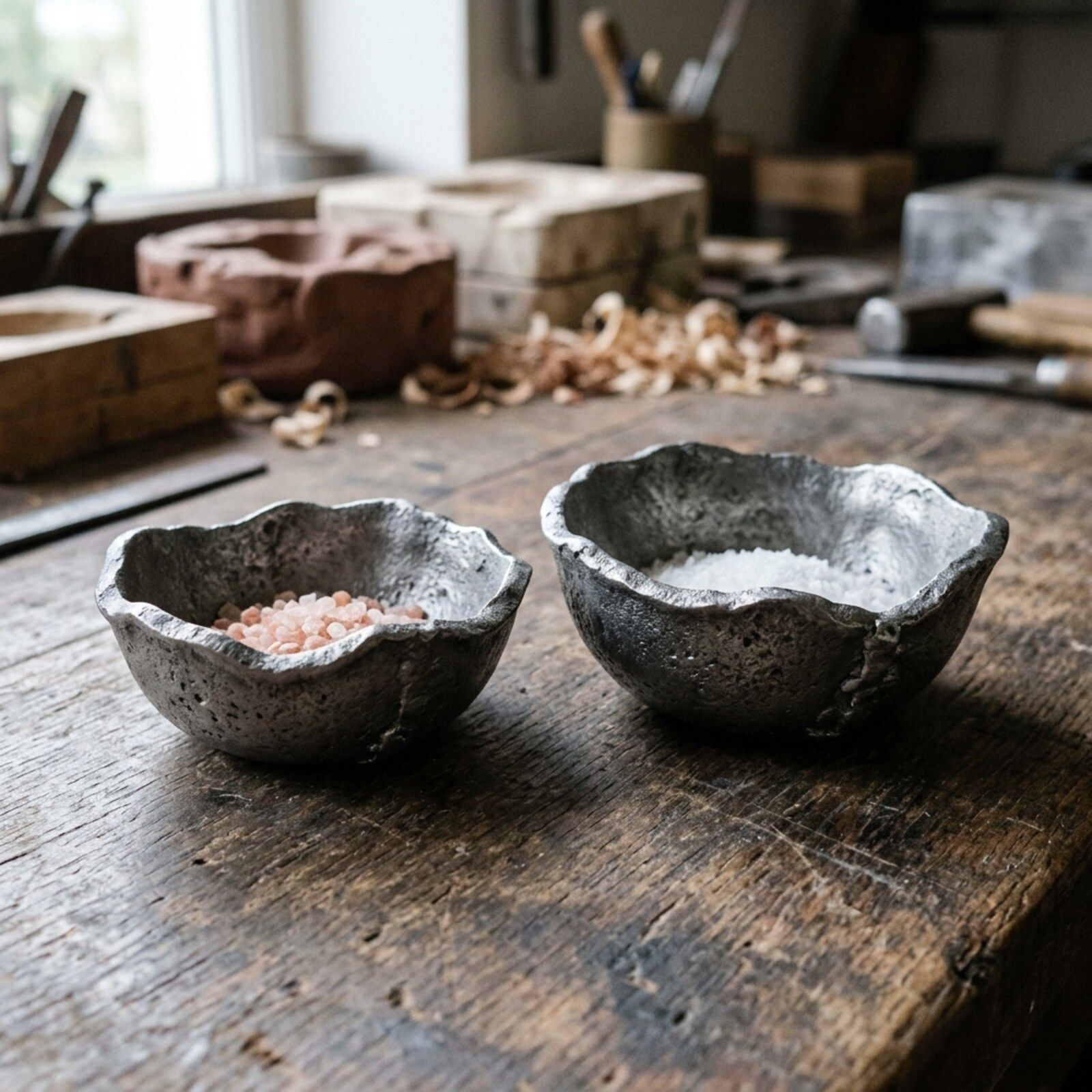 Wave Rim Salt Cellar Pair — Cast Aluminium · Aged Pewter, XANVOR, Moradabad