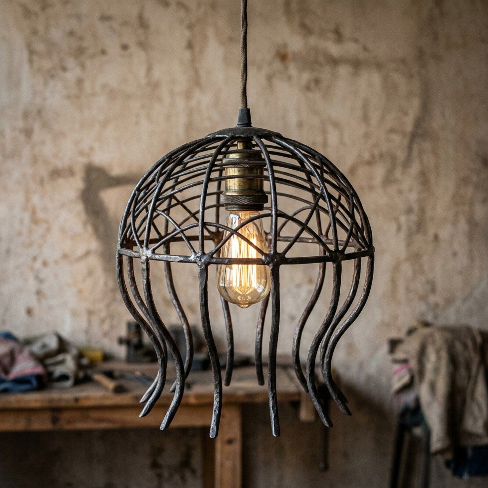 Jellyfish Rod Pendant Lamp — Iron · Oxidised Black · Waxed, XANVOR, Moradabad