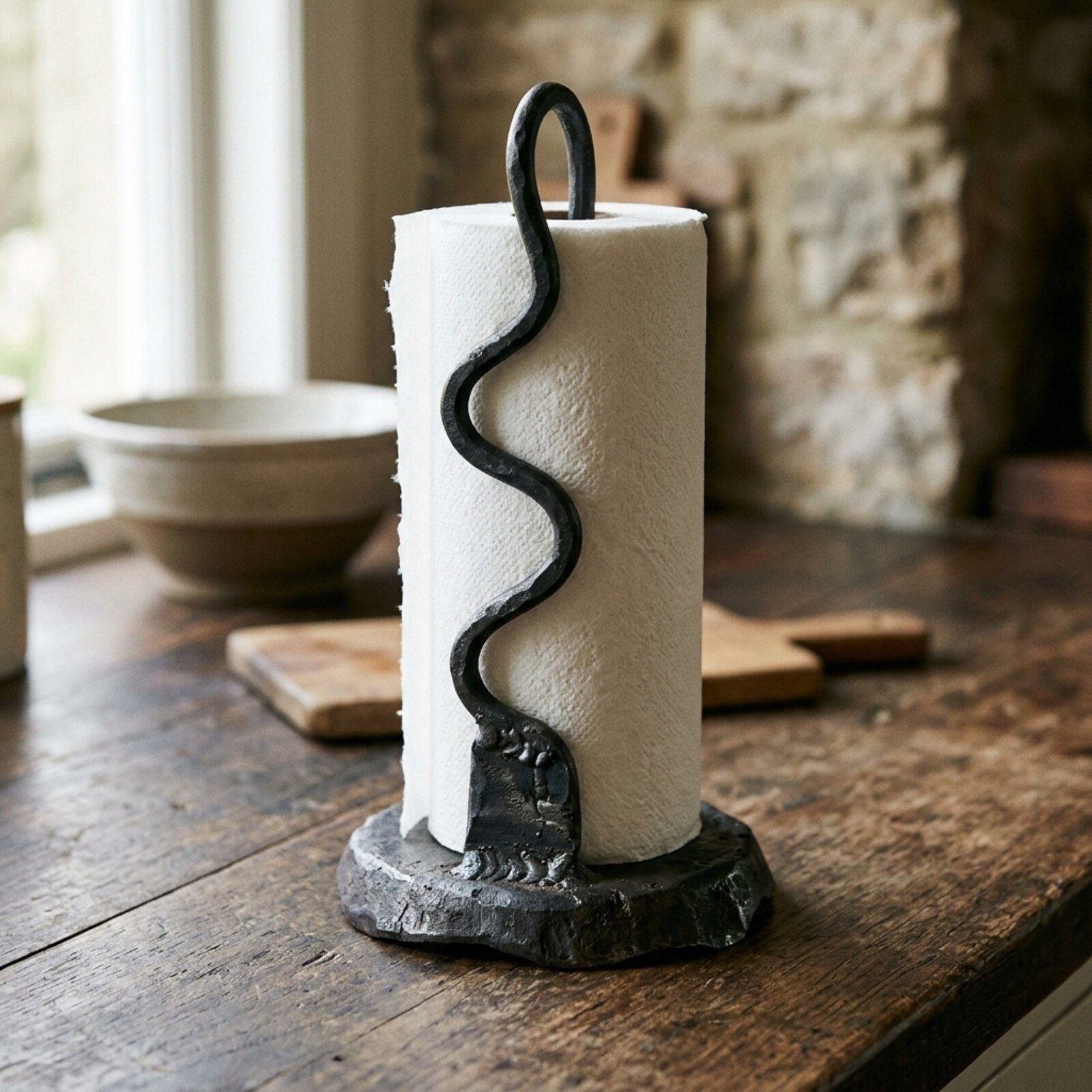 Wave Forged Kitchen Roll Holder — Iron · Oxidised Black · Waxed, XANVOR, Moradabad