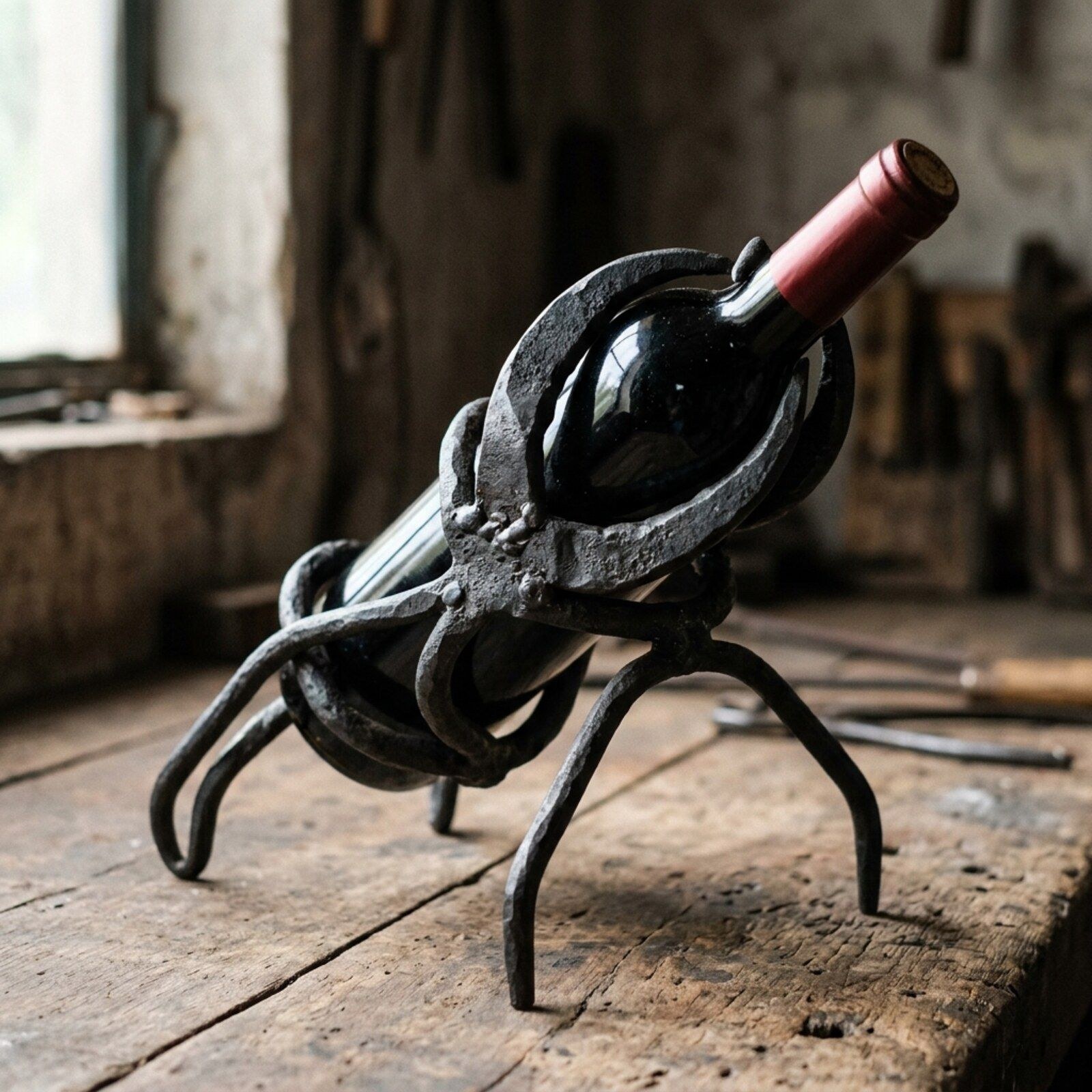 Crab Claw Forged Bottle Cradle — Iron · Oxidised Black · Waxed, XANVOR, Moradabad