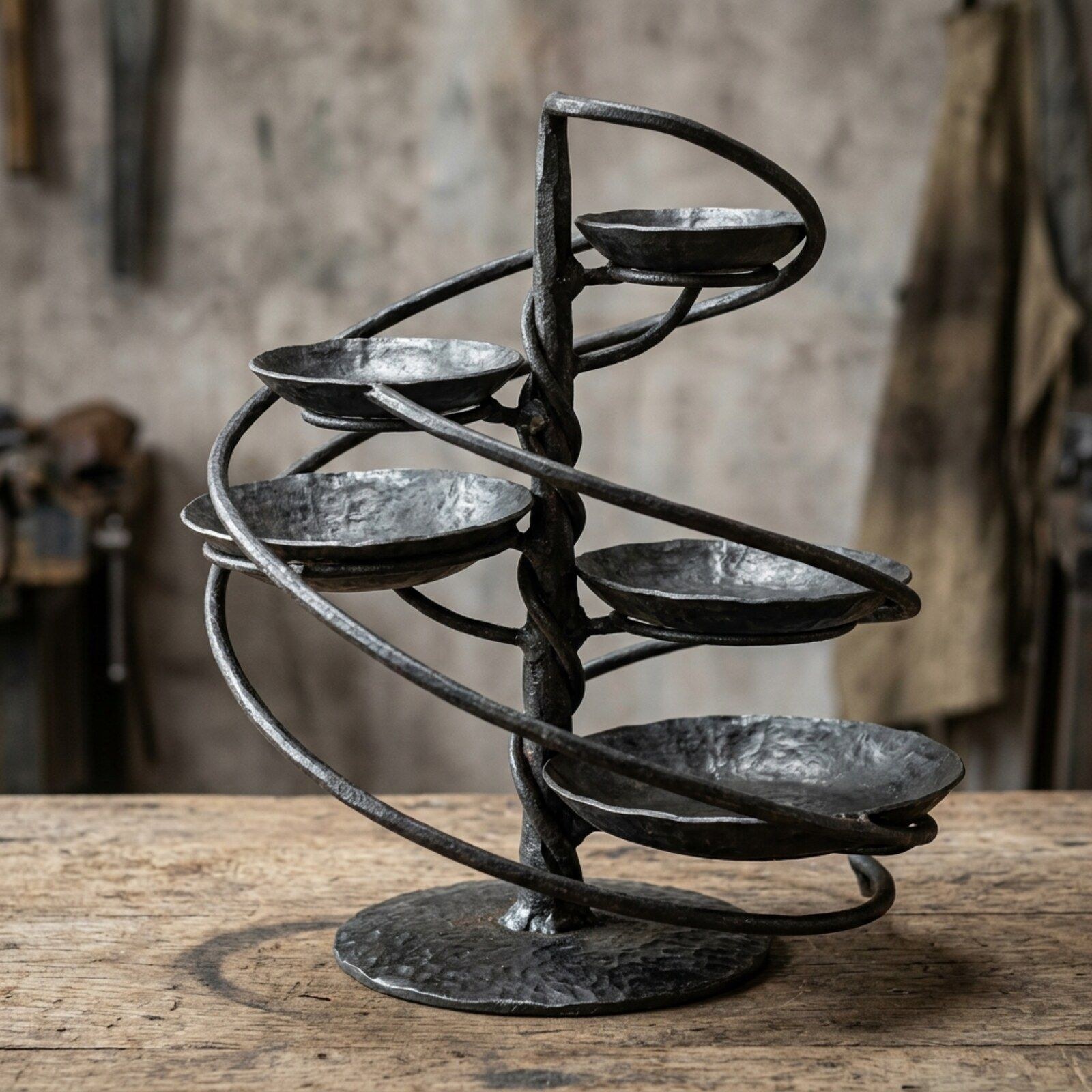 Nautilus Spiral Five-Dish Stand — Iron · Oxidised Black · Waxed, XANVOR, Moradabad
