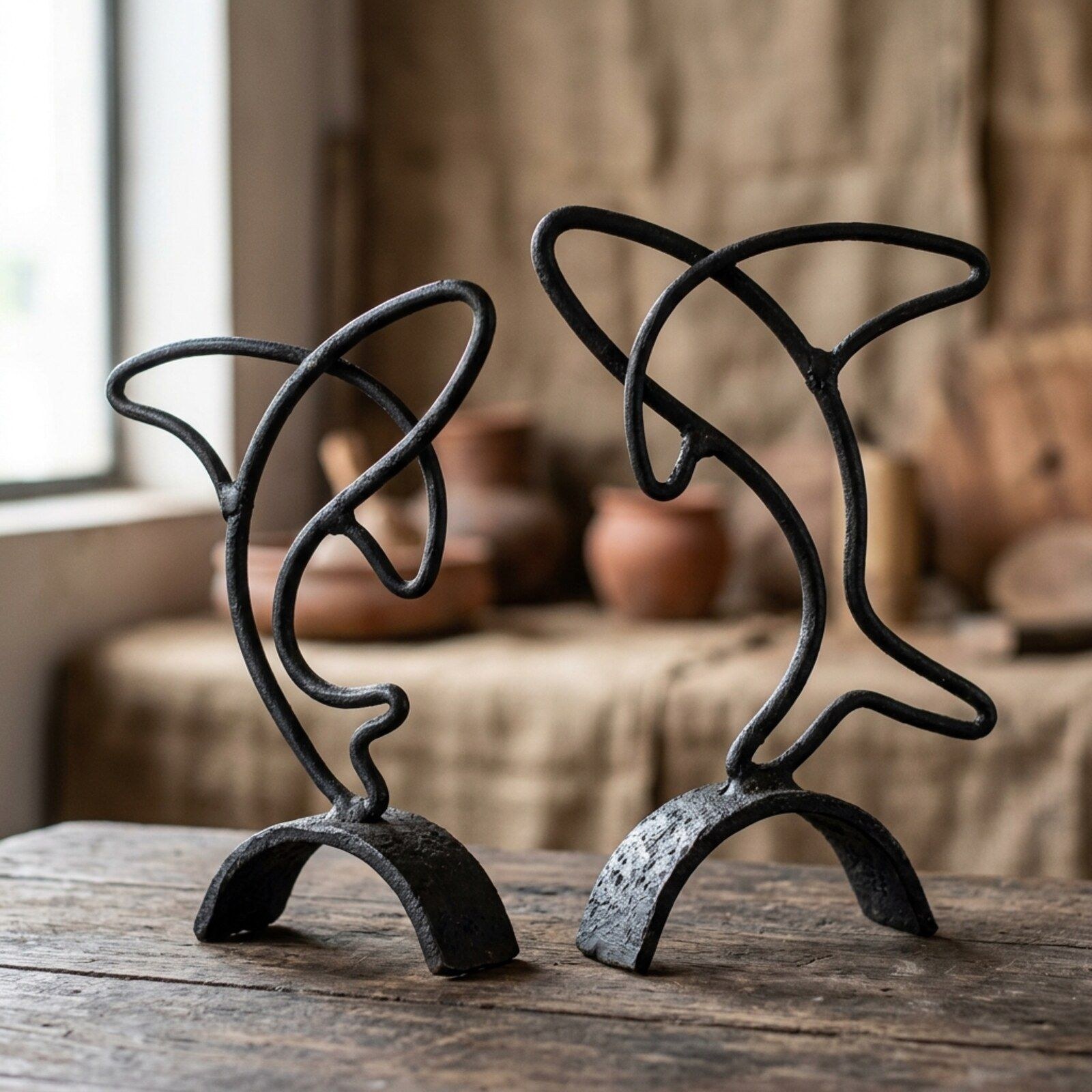 Flying Fish Rod Sculpture Pair — Iron · Oxidised Black · Waxed, XANVOR, Moradabad
